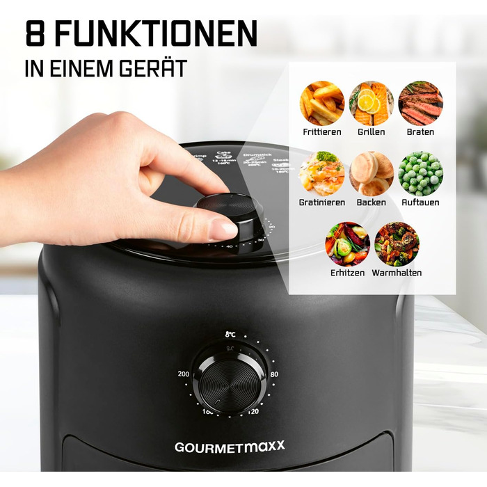 Фритюрниця повітряна GOURMETmaxx 2.3л з таймером та сенсорним екраном | 8 функцій, 7 програм | Економія енергії, майже без олії | Міні-піч 1000 Вт