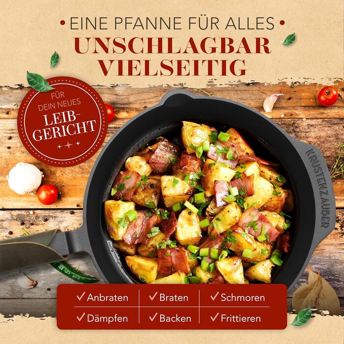 Чавунна сковорода Krustenzauber 28 см для індукції з інструкцією та кулінарною книгою - шліфована чавунна пательня
