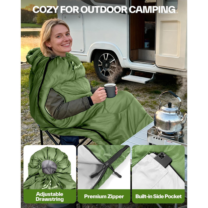 Спальний мішок Sportneer Outdoor для дорослих, теплий багатосезонний (3-4 сезони) для кемпінгу та подорожей, 220x85 см, зелений (температурний режим 10-26 °C)