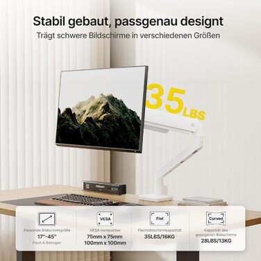 Кронштейн для монітора monTEK для екранів 17-45 дюймів, настільний підвіс 1-16 кг, VESA 75x75/100x100, регулювання нахилу, повороту та обертання (Білий)