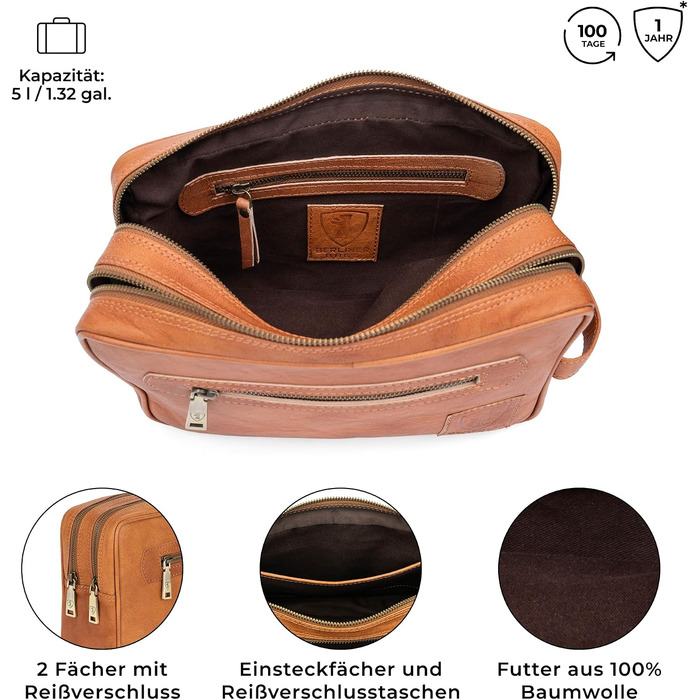 Шкіряна косметичка для подорожей Berliner Bags Vintage Paul, універсальна сумка для аксесуарів (2 відділення), коричнева