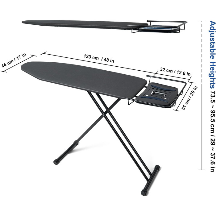 Прасувальна дошка Duwee Extra велика з парогенератором, термостійке покриття, регульована висота, міцні ніжки, 122 x 43 см (Чорна)