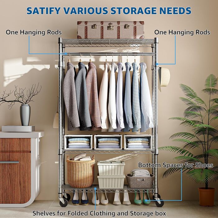 Міцний мобільний вішак для одягу з 3 рівнями, регульовані полиці, 2 штанги та гачки - 40x75x189.3 см (хром)