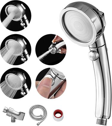 MIAOHUI Modern Handheld Showerhead with On/Off Switch, High-Pressure Showerhead with Handheld, 3 Spray Settings, Detachable Showerhead with Hose, Adjustable Shower Holder (Brushed Nickel) (Chrome)