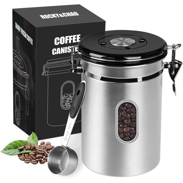 Контейнер для кави ROCKY&CHAO 1.8L з нержавіючої сталі, герметичний, з віконцем, для кавових зерен, чаю, горіхів, какао