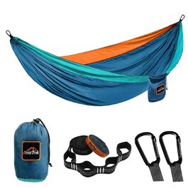 Туристичний гамак Anortrek для 1 особи, ультралегкий нейлоновий гамак для кемпінгу та відпочинку (280x140 см, до 249 кг) з ремнями для кріплення до дерева, синій/помаранчевий