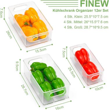 Набір органайзерів для холодильника FINEW, 12 шт (4 маленьких, 4 середніх, 4 великих), прозорі пластикові контейнери для кухні, комори, шаф, мийки, ванної, без BPA, що штабелюються