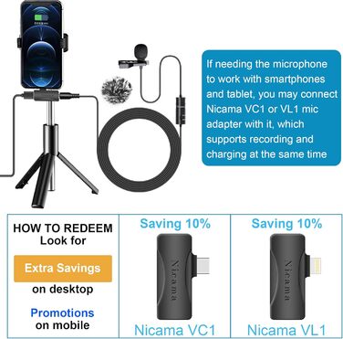 Мікрофон-петличка Nicama LVM1 з вітрозахистом, конденсаторний, для iPhone, смартфонів, Canon, Nikon, DSLR, відеокамер