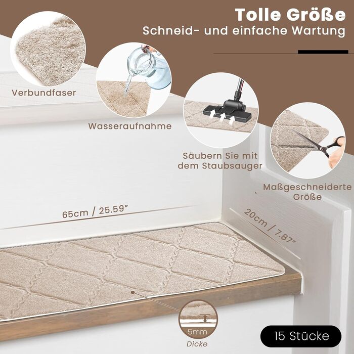 Килимок на сходи, 15 шт., самоклеючий, антиковзаючий, для дому. Розмір: 55x19 см (також 65x20 см), бежевий. Захист для дітей, домашніх тварин та літніх людей.