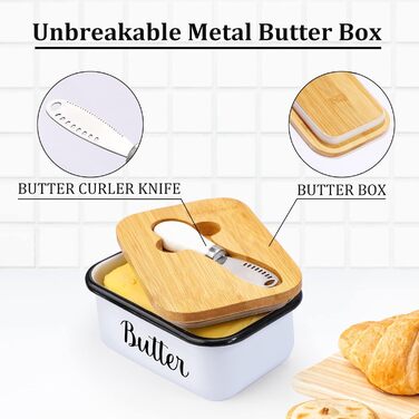 Butter dish with lid and butter spreader knife for countertop - Unbreakable metal container with high-quality double silicone seal, for kitchen farmhouse decor