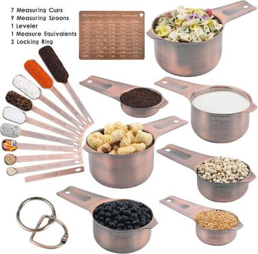 Smithcraft Measuring Cup and Spoon Set, Copper Measuring Cups and Spoons for Dry and Liquid Ingredients, Metric and US Units, 7 Stainless Steel Measuring Cups & 9 Spoons, Leveler and Measurement Equivalents