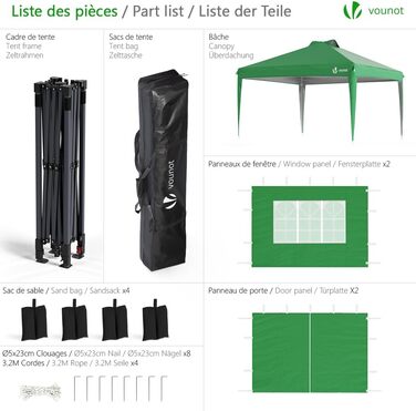 VOUNOT® 3x3m (approx. 10x10ft) Gazebo, Waterproof, Stable, Winter-Resistant, Pop-Up Folding Gazebo with 4 Side Walls and 3 Sandbags, Foldable Party Tent, Garden Tent, Garden Gazebo including Bag, Green