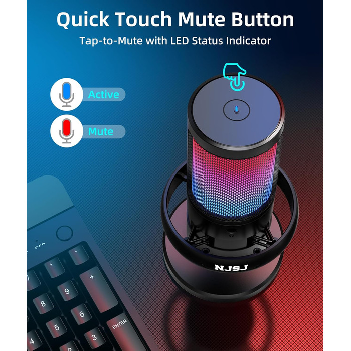 Мікрофон для ПК NJSJ Gaming RGB, для стрімінгу та запису, USB, сумісний з PS4/PS5/Mac, з регулятором гучності, чорний