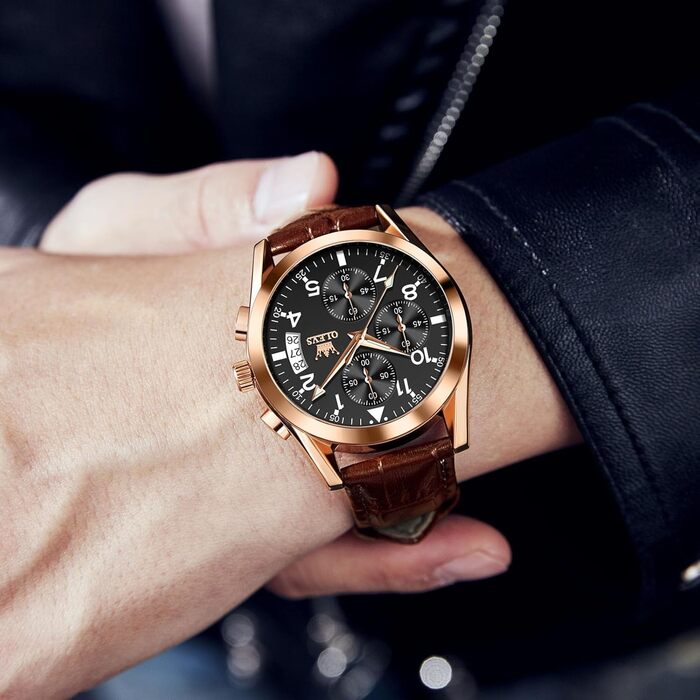 Чоловічий годинник OLEVS Vintage з шкіряним ремінцем, велике циферблат, водонепроникний, аналоговий годинник з датою (2878, чорний циферблат/коричневий ремінець)