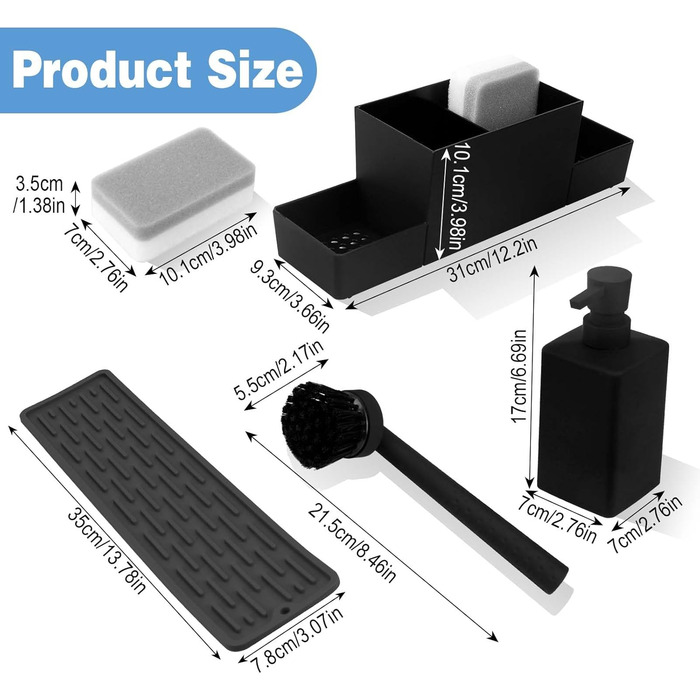 CAUTIOUS 350ML Sink Organizer with Brush, Soap Dispenser Sponge, Kitchen Dish Soap Dispenser Set Made of Plastic, Sink Organizer with Two Soap Dispensers, Kitchen Gadget Organizer (black)