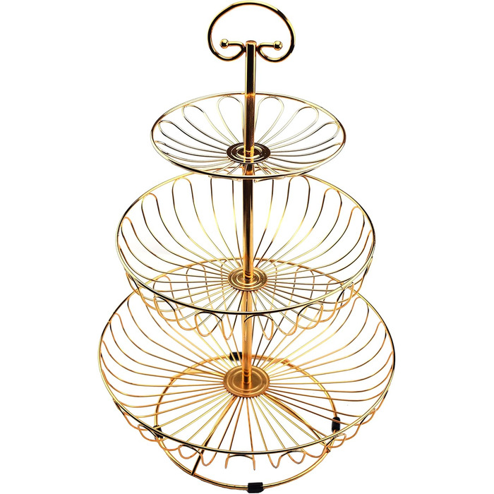 Металевий кошик для фруктів та овочів з ручкою - 3 яруси, великий, з нержавіючої сталі, з циркуляцією повітря (45 см, Ø30-24-16.5 см), золотий