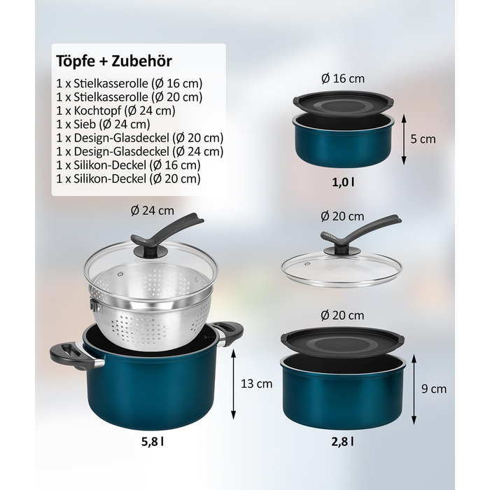 Набір посуду Kelton 27 предметів: каструлі, сковороди з антипригарним покриттям, набір для приготування їжі, без PFOA та PTFE, знімні ручки