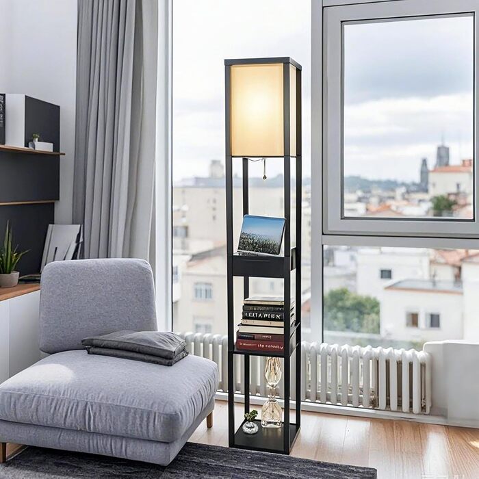 Стельова лампа YU YUSING з полицями, 1.6м, LED, E27, для вітальні, спальні, офісу (білий/чорний з шухлядою)