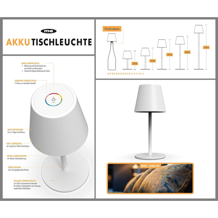 Настільна LED лампа LUNA-80-W з акумулятором, диммування, сенсорне управління, 7 кольорів, 5200mAh, 8-72 год роботи, регулювання висоти (5 рівнів), 3 шт. в упаковці