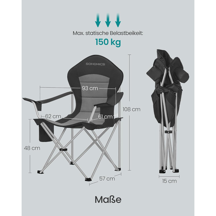 Кемпінговий стілець SONGMICS складаний, широкий, з високою спинкою, чорно-сірий GCB005BH01 - для пікніка, відпочинку на природі, з підсклянником та органайзером