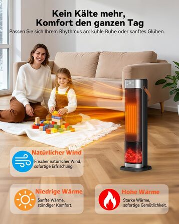 Електричний обігрівач PTC з керамічним нагрівачем, 2200W, з пульт дистанційного керування, 4 режими, таймер 12H, термостат, ECO-режим, осциляція 70°, захист від перегріву та перекидання, для дому та офісу (чорний, 65 см)