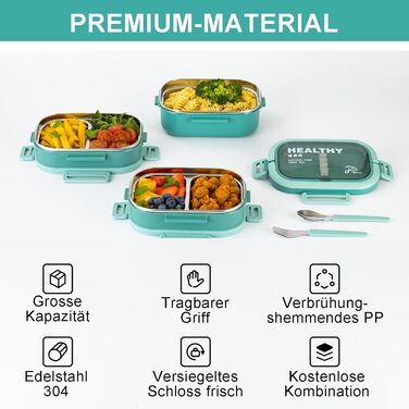 Ланчбокс Lille Home з 4 відділеннями, 1650 мл, з посудом, BPA-free, не протікає (зелений)