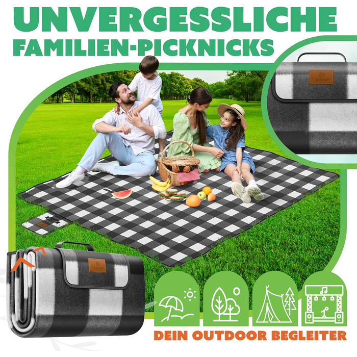 KESSER® Picnic Blanket Camping Blanket XXL 200 x 200 cm - Warm Insulated with Waterproof Bottom, Carrying Handle, Foldable Beach Blanket, Picnic Blankets for 4-6 People, Washable Picnic Blanket (Black / White)