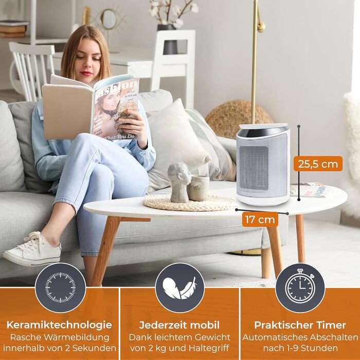 Електричний обігрівач Klamer 2000W з PTC-керамічним нагрівачем, 3 режими, таймер 9 год, термостат, захист від перегріву та перекидання, з пультом керування, білий