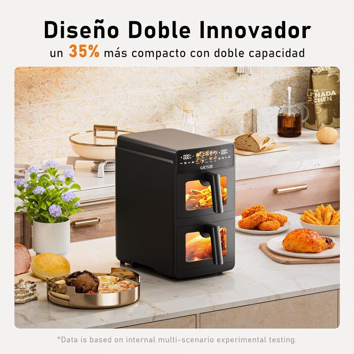 Фритюрниця без олії з 2 камерами на 10 літрів, Airfryer з 2 відсіками по 5л, тиха робота, 10 програм, приготування 2 страв одночасно, з оглядовим вікном, 3D циркуляція повітря