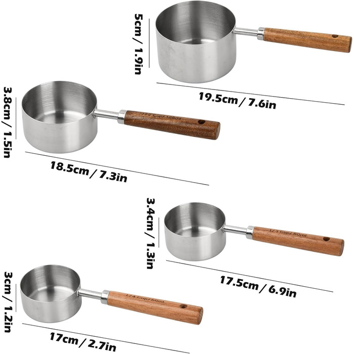 Набір мірних ложок та чашок мідного кольору, 4 шт. для кухні: 60мл, 80мл, 125мл, 250мл. Нержавіюча сталь, дерев'яна ручка