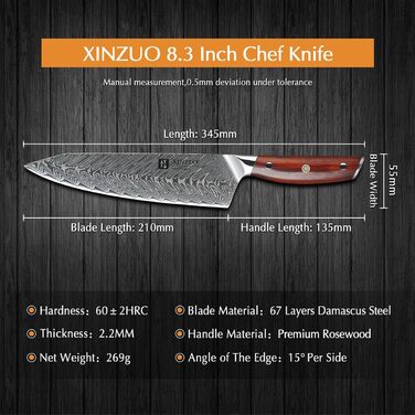 Ніж кухарський XINZUO Damaststahl Kiritsuke 21см, професійний, з ручкою з рожевого дерева, з магнітною підставкою