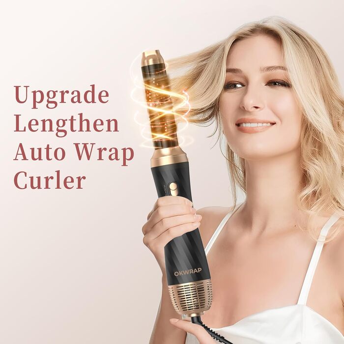 Набір для укладки волосся OKWRAP Airstyler 6 в 1: фен-щітка, автоматична завивка, об'ємні насадки, чорний/золотий