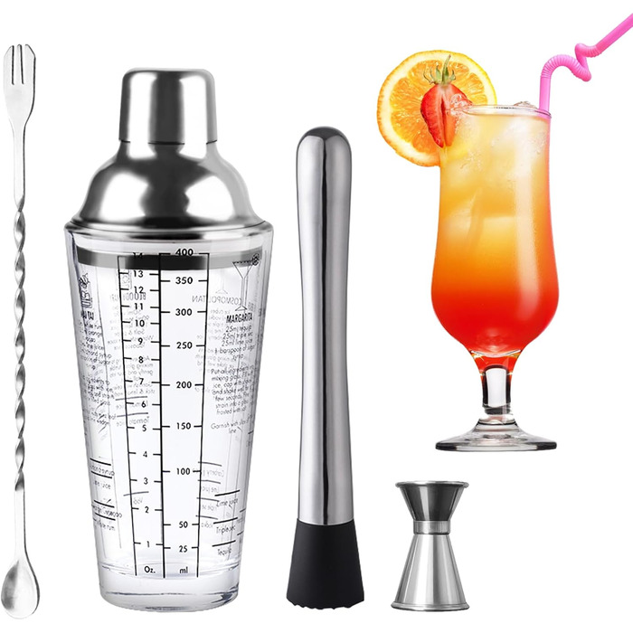 Stainless Steel Cocktail Mix Set - 14 Piece Bartender Kit with Bamboo Stand - Professional Cocktail Shaker Set - Perfect Gift