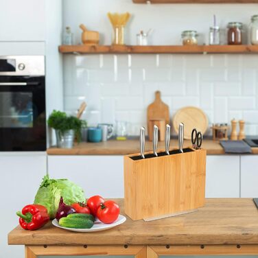 Relaxdays Knife Block, Unfurnished, Bamboo Knife Holder, Universal, Knife Storage with Brush Insert, Natural/Black, 23 x 30 x 12 cm