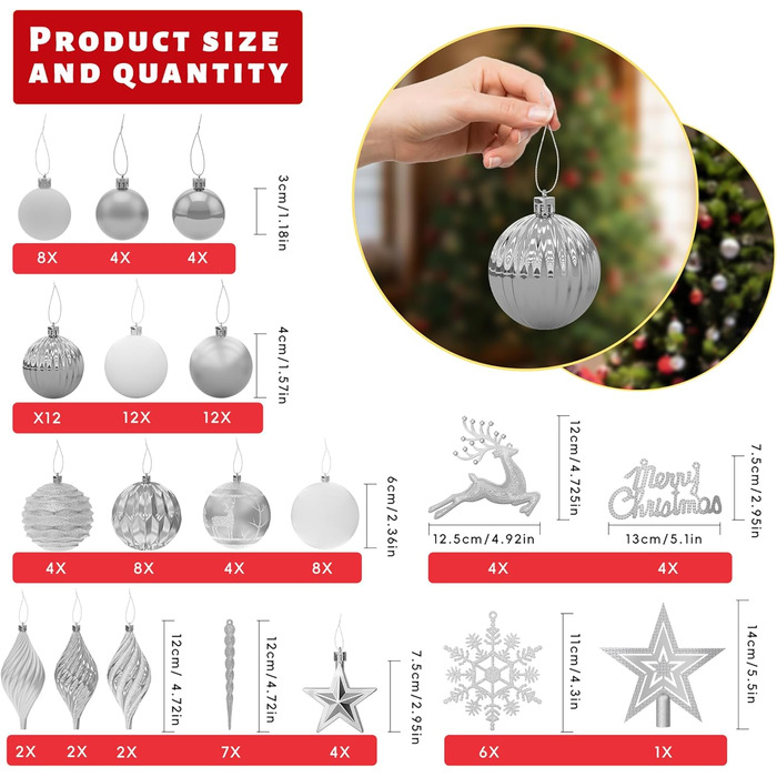 Набір прикрас для ялинки Aufun 108 шт. Преміум якість, пластикові кулі, зірка, верхівка, безпечні прикраси, ялинкові кулі, багаторазові, декор (шампань, срібло)