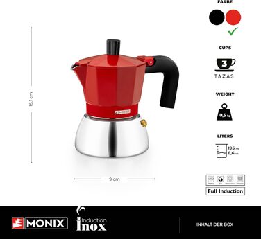 Кавоварка Monix Induction Inox для індукції, алюміній та нержавіюча сталь, 3 чашки, термостійка ручка, підходить для всіх плит, червона