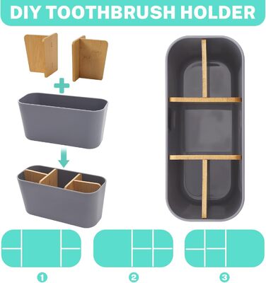 Тримач для зубних щіток з бамбуковими перегородками, сірий. Організатор для зубних щіток та пасти (4 щітки + 1 для пасти)