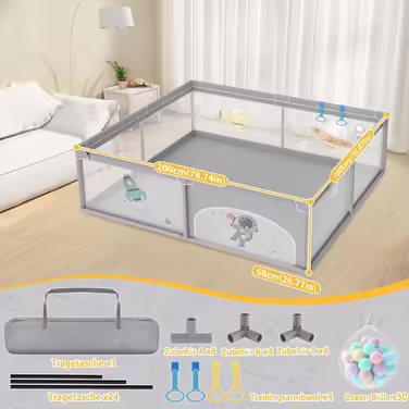 UISEBRT Playpen Baby 180x200cm Playard for Baby with 50 Ocean Balls & 4 Pull Rings & Carry Bag, Folding Playpen Tent with Breathable Mesh for Children, Blue with Animal Motifs 180x200x68cm Blue with Animal Motifs
