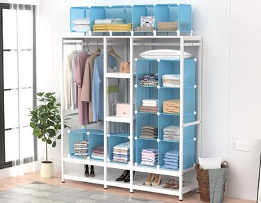 Wardrobe, Portable Shelving System, Plastic Closet with 2 Clothes Rods, Bedroom Wardrobe Closet White for Bedroom (Blue)