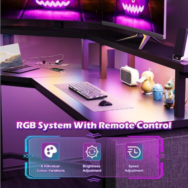 Ігровий стіл 153x153 см L-подібний з LED підсвіткою, 2 розетками, 2 USB портами, полицею для монітора, кутовий комп'ютерний стіл, вугільно-чорний