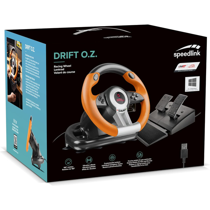 Speedlink DRIFT O.Z. Racing Wheel - Гоночний кермо з педалями та перемиканням передач для ПК, Force Feedback, чорний/оранжевий
