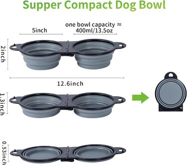 Складаний миска для собак SLSON, подвійний, для подорожей, прогулянок, намету, сірий