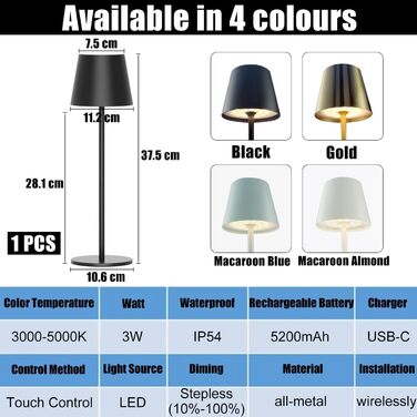Акумуляторна настільна лампа Vollmetall з LED, 5000mAh, 2 шт. Зміна кольору світла, сенсорне регулювання яскравості, для їдальні, спальні, готелю, чорний/золотий
