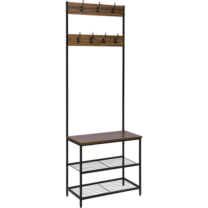 WOLTU Coat Rack Clothes Rack Laundry Rack Shoe Shelf with Seat, with 7 Hooks, Wood and Steel, Hanging Shelf, Black Vintage