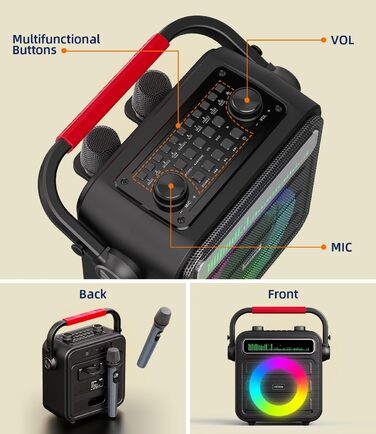 Караоке машина для дорослих та дітей – портативна система з 2 мікрофонами, Bluetooth, TF, USB, AUX, TWS, динамік, чорна