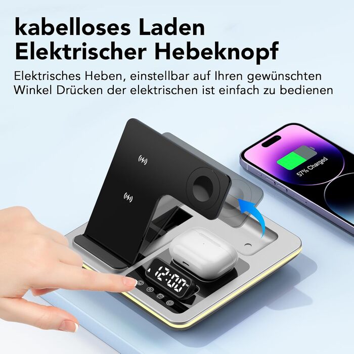 Багатофункціональна зарядна станція Hatalkin 5 в 1 для iPhone, Apple Watch та AirPods Pro. З функцією будильника та нічника, срібна