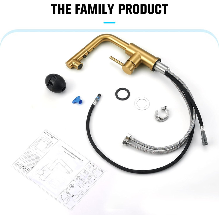 Кран кухонний CREA з 3 функціями: душ, висувний вилив, поворот на 360°, матовий золотий