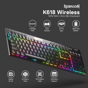Redragon K618 Horus - Механічна ігрова клавіатура з RGB підсвічуванням, 3 режими підключення (BT/2.4GHz/кабель), плоскі клавіші, лінійні червоні перемикачі, медіа-керування
