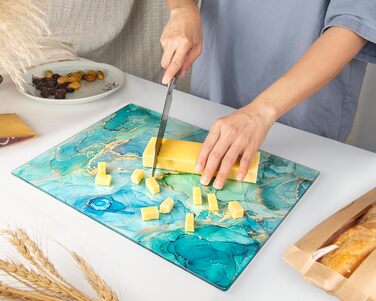 Скляна дошка для нарізання 40x30 см – гігієнічна скляна дошка з термостійкого скла, стійка до подряпин та ковзання – скляна плита для кухні, чорна поверхня під мармур (дизайн 09, 40L x 30B см)