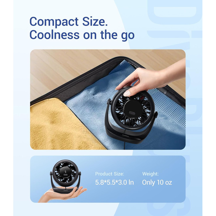 USB Turbo вентилятор для столу Diveblues TurboBreeze Klassisch: тихий, потужний, з LED-дисплеєм, 5 швидкостей, 360° обертання, портативний для дому, офісу та відпочинку – чорний